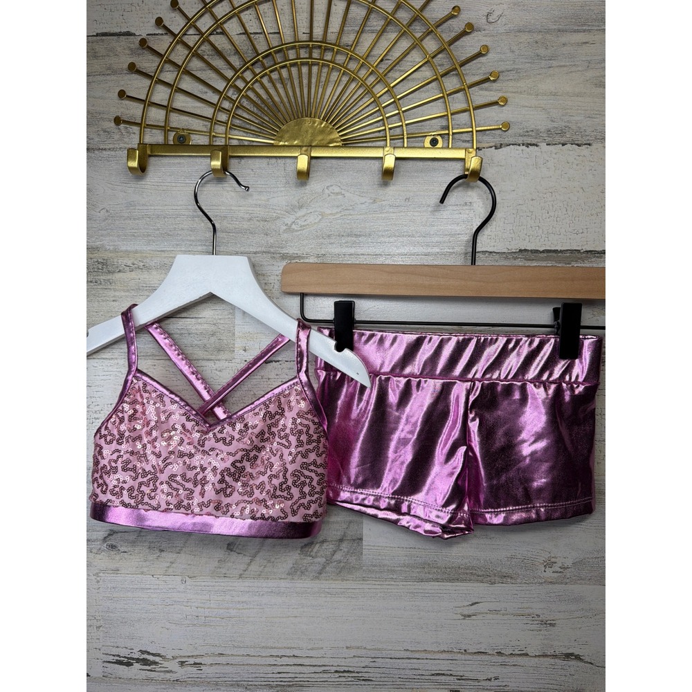 IEFIEL Dance Set Girls Size 6 Pink Sequin Metallic Performance Barbiecore EUC